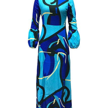 Women's Long Sleeve Crew Neck Maxi Dresses A Line Flowy Print Long Dress