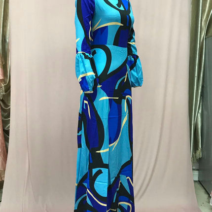 Women's Long Sleeve Crew Neck Maxi Dresses A Line Flowy Print Long Dress