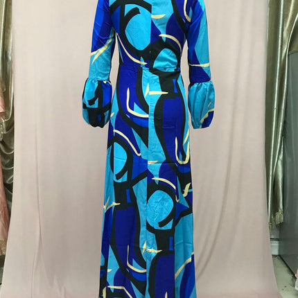 Women's Long Sleeve Crew Neck Maxi Dresses A Line Flowy Print Long Dress