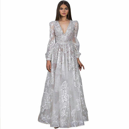 Long Sleeve V Neck Prom Dresses Floral Lace Formal Dresses for Women Evening Gown