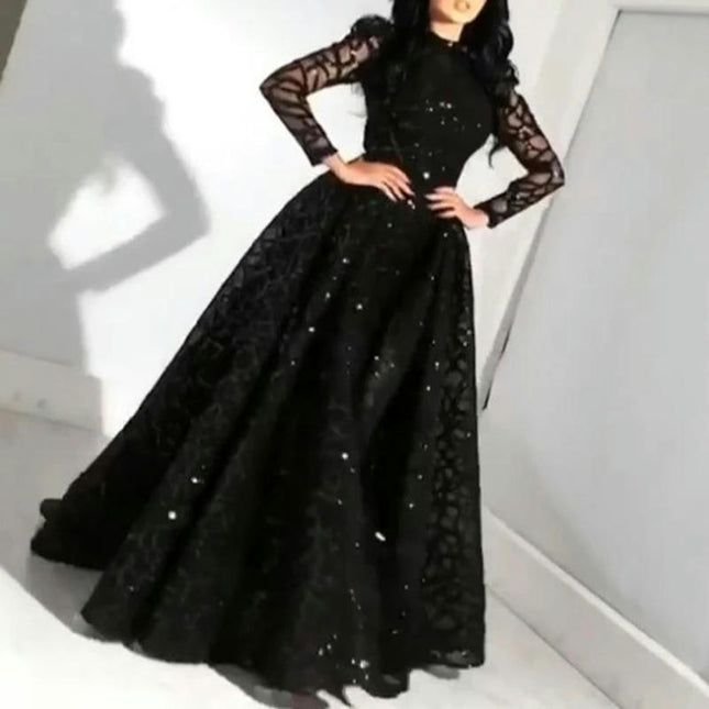 Women's Sequin Tulle Long Sleeve Mock Neck Party A Line Dress Formal Evening Gowns