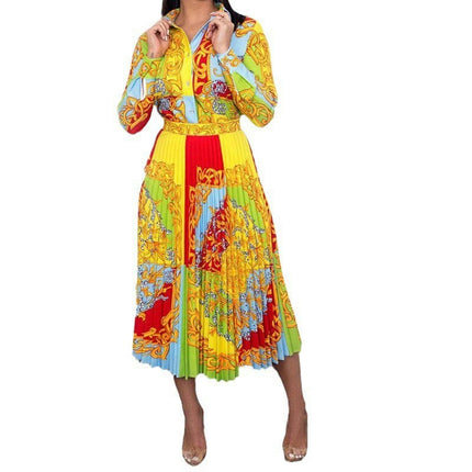 Women Long Sleeve V Neck Elegant Maxi Dress Button Down Print Shirt Long Dress