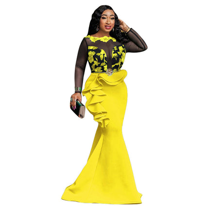 Women Long Sleeve Crew Neck Sexy 3D Floral Mesh Party Cocktail Bodycon Evening Maxi Dress