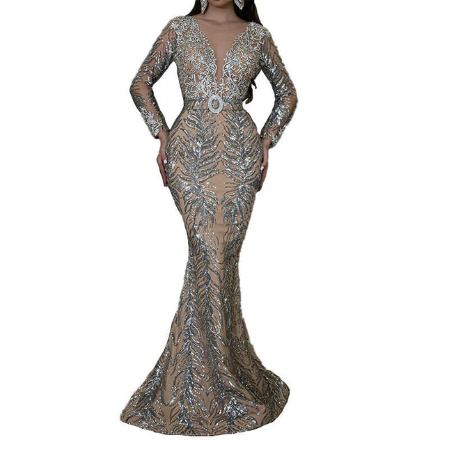 Women Wedding Party Dress Long Sleeve Sequin Dress Sexy V-Neck Dress Formal Evening Gowns