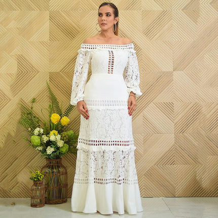 Women Floral Lace Off Shoulder Maxi Dress Long Sleeve Party Formal Wedding Guest Dresses