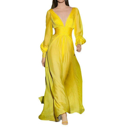 Women's Deep V Neck Dress Long Sleeve Solid Color Party Maxi Dress Evening Guest