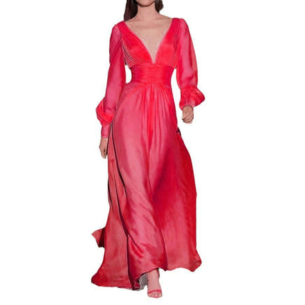 Women's Deep V Neck Dress Long Sleeve Solid Color Party Maxi Dress Evening Guest