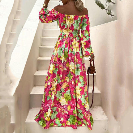 Women Casual Maxi Dresses Long Sleeve Off The Shoulder High Wais Floral Boho Long Dress