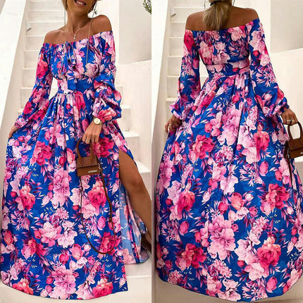 Women Casual Maxi Dresses Long Sleeve Off The Shoulder High Wais Floral Boho Long Dress