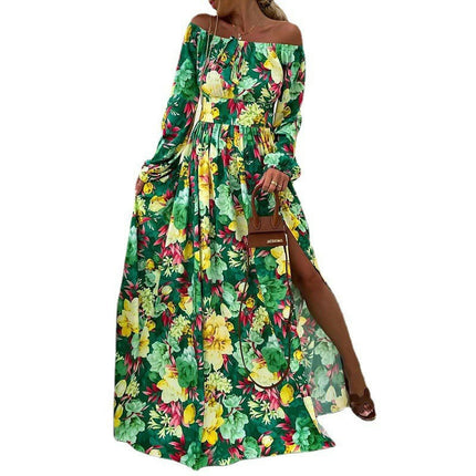 Women Casual Maxi Dresses Long Sleeve Off The Shoulder High Wais Floral Boho Long Dress