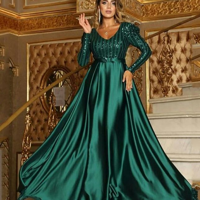 Long Sleeve Ball Gown V Neck Dress Sequin Prom Dresses Sparkly Satin Formal Gowns