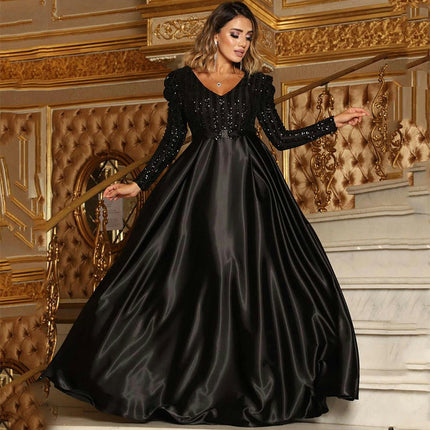 Long Sleeve Ball Gown V Neck Dress Sequin Prom Dresses Sparkly Satin Formal Gowns