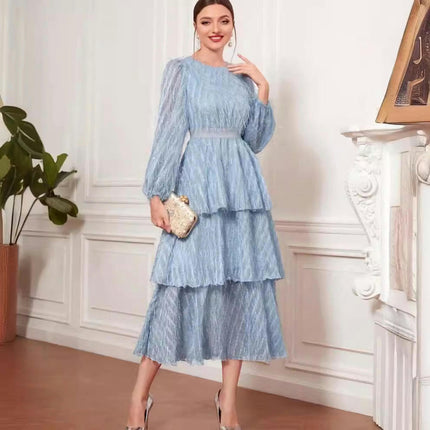 Women's Fall Midi Dress Long Sleeve Crew Neck Fringe Elegant Tiered Ruffled Flowy Dresses