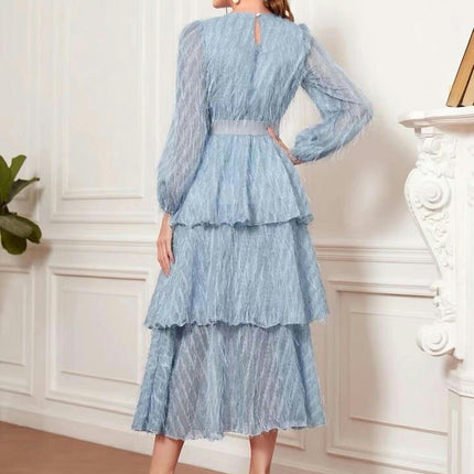 Women's Fall Midi Dress Long Sleeve Crew Neck Fringe Elegant Tiered Ruffled Flowy Dresses