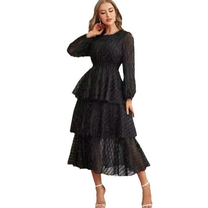 Women's Fall Midi Dress Long Sleeve Crew Neck Fringe Elegant Tiered Ruffled Flowy Dresses