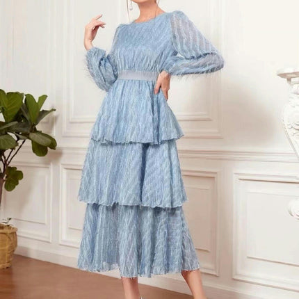 Women's Fall Midi Dress Long Sleeve Crew Neck Fringe Elegant Tiered Ruffled Flowy Dresses