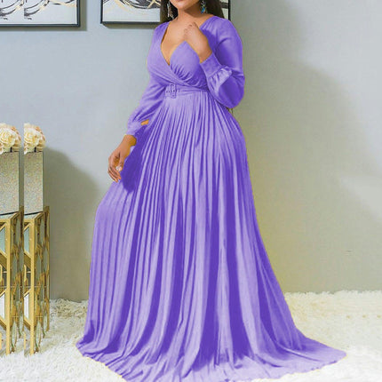 Women's Deep V Neck Long Sleeve Wrap Maxi Dress High Waist Pleated Belted Cocktail Long Dress