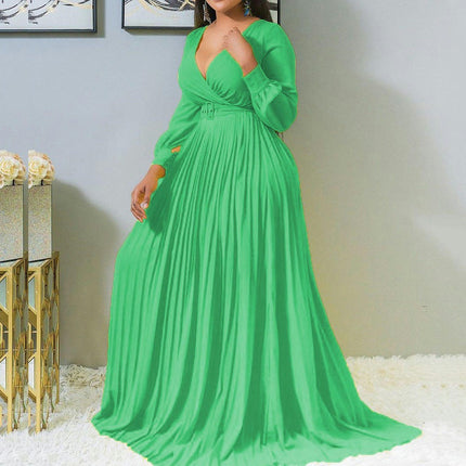 Women's Deep V Neck Long Sleeve Wrap Maxi Dress High Waist Pleated Belted Cocktail Long Dress