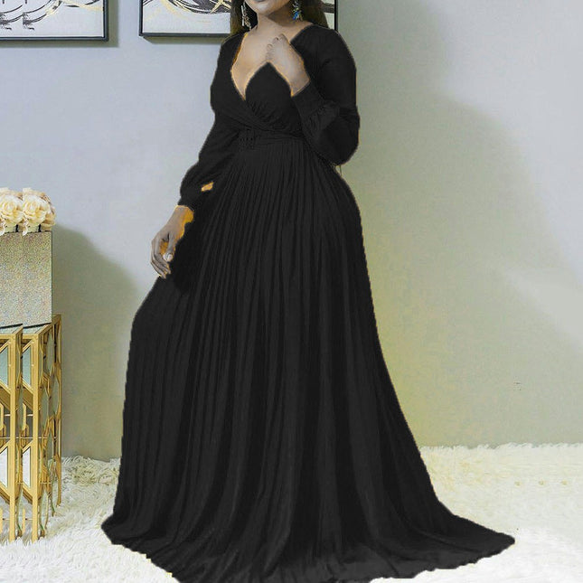 Women's Deep V Neck Long Sleeve Wrap Maxi Dress High Waist Pleated Belted Cocktail Long Dress