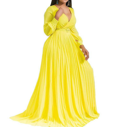 Women's Deep V Neck Long Sleeve Wrap Maxi Dress High Waist Pleated Belted Cocktail Long Dress