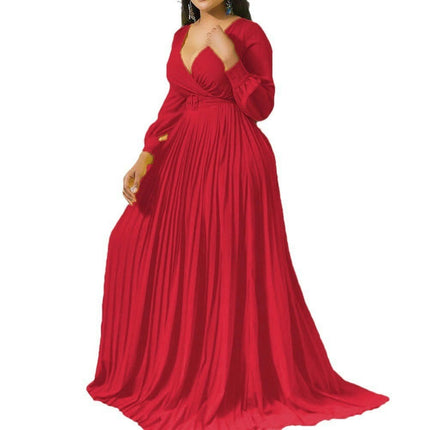 Women's Deep V Neck Long Sleeve Wrap Maxi Dress High Waist Pleated Belted Cocktail Long Dress