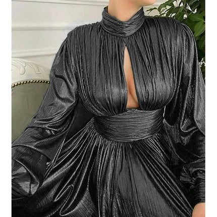 Formal Long Sleeve Dress for Women Mock Neck Ruched A Line Flowy Sparkly Evening Party Dresses