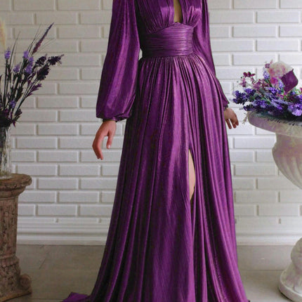 Formal Long Sleeve Dress for Women Mock Neck Ruched A Line Flowy Sparkly Evening Party Dresses