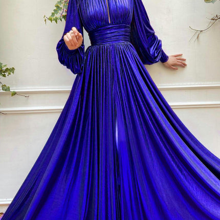 Formal Long Sleeve Dress for Women Mock Neck Ruched A Line Flowy Sparkly Evening Party Dresses