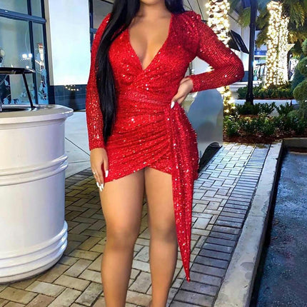 Women Sequin Party Mini Dress Deep V Neck Long Sleeve Ruched Bodycon Glitter Dress