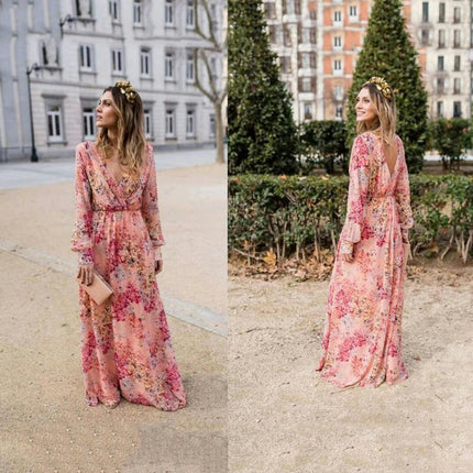 Womens Casual Floral Deep V Neck Long Sleeve Long Evening Dress Cocktail Party Maxi Dresses