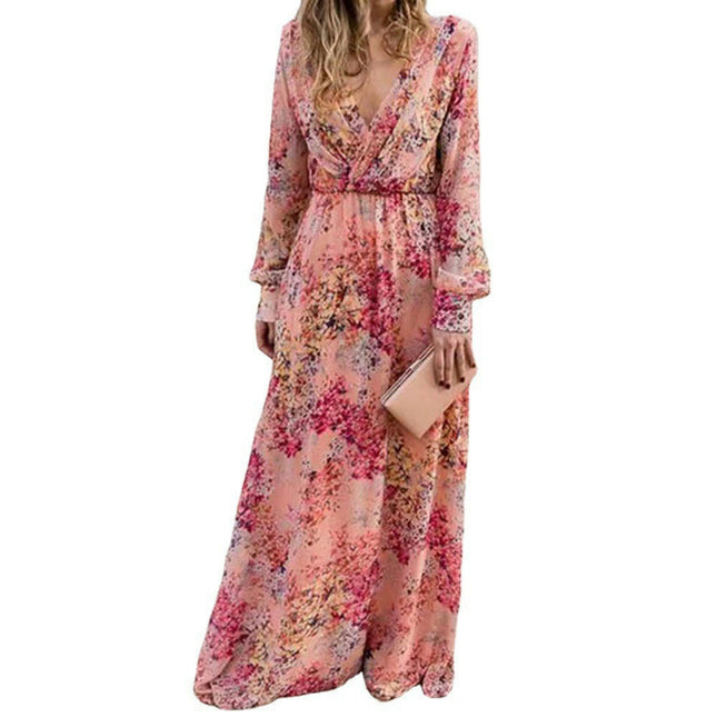 Womens Casual Floral Deep V Neck Long Sleeve Long Evening Dress Cocktail Party Maxi Dresses