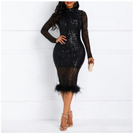 Women's Sparkly Sequin Dress Mock Neck Mesh Long Sleeve Bodycon Party Mini Dress