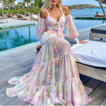 Women's Summer 2 Piece Outfits Floral Strap Crop Tops Tiered Ruffle Skirt Sets Maxi Long Dress