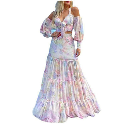 Women's Summer 2 Piece Outfits Floral Strap Crop Tops Tiered Ruffle Skirt Sets Maxi Long Dress