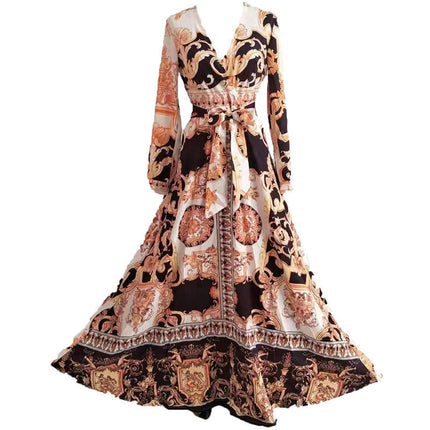 Women Print Long Dresses Casual Long Sleeve V Neck Tie Waist Maxi Dress