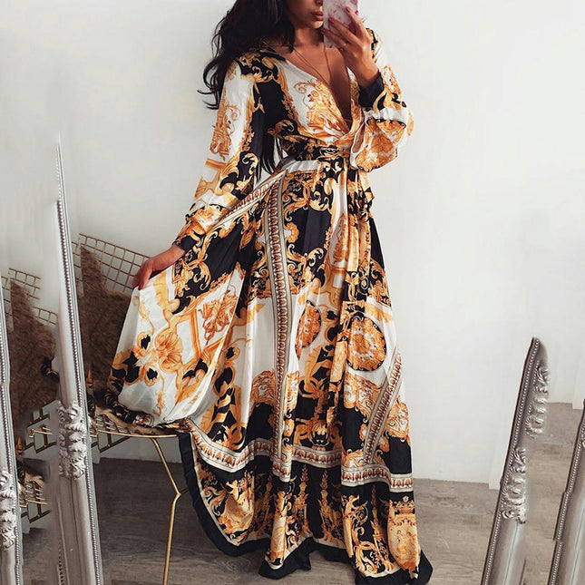 Women Print Long Dresses Casual Long Sleeve V Neck Tie Waist Maxi Dress