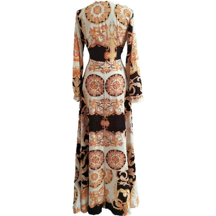 Women Print Long Dresses Casual Long Sleeve V Neck Tie Waist Maxi Dress