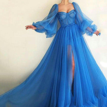 Women Puff Long Sleeve Tulle Prom Dresses Off The Shoulder Formal Evening Party Gown