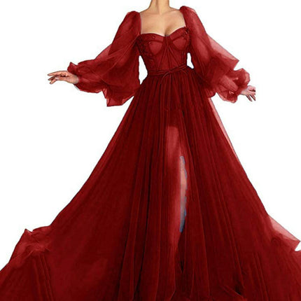 Women Puff Long Sleeve Tulle Prom Dresses Off The Shoulder Formal Evening Party Gown