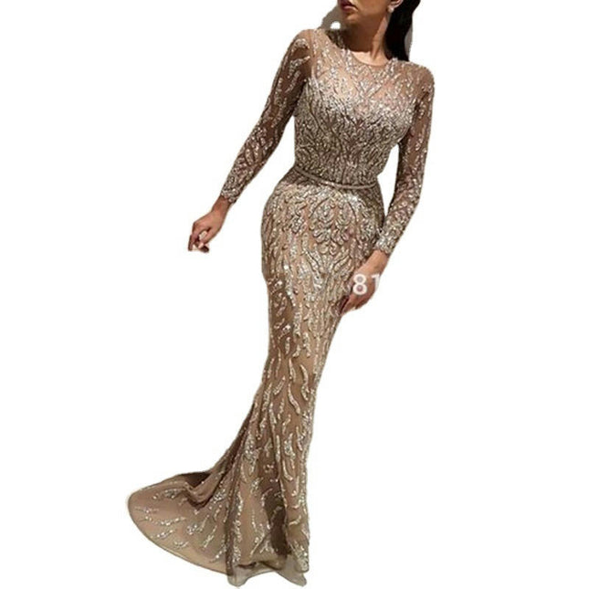 Women's Elegant Crew Neck Long Sleeve Prom Dresses Sequin Tulle Formal Evening Party Gowns