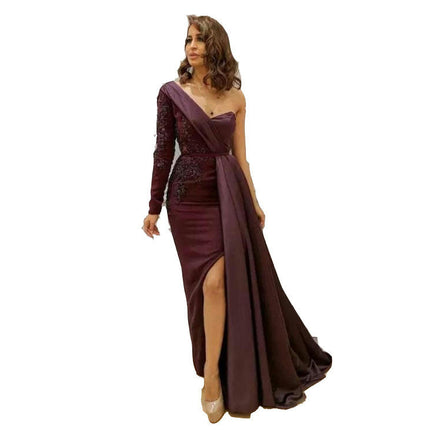 Women's One Shoulder Satin Appliques Dresses Long Sleeves A-Line Formal Slit Evening Party Gowns