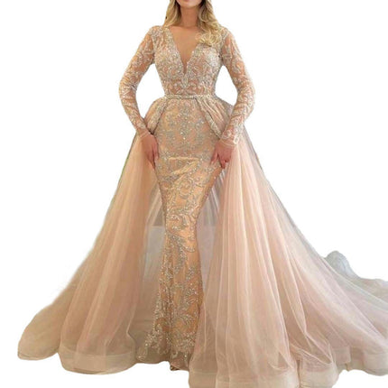 Women Prom Dresses Sequin Tulle Evening Dress Long Sleeves V Neck Formal Party Gown