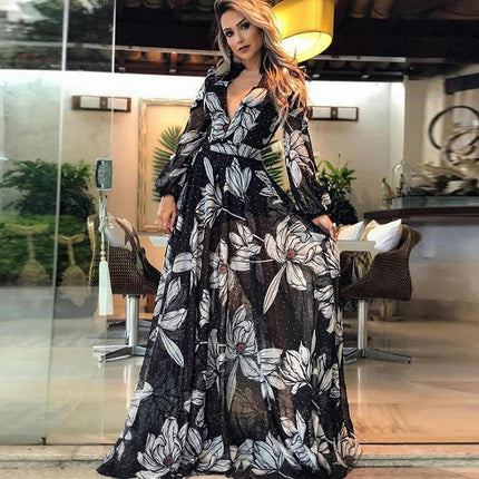 Womens Casual Floral Deep V Neck Long Sleeve A Line Flowy Party Maxi Dresses