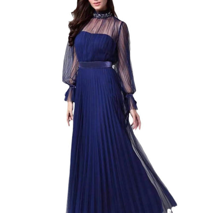 Women's Tulle Satin Formal Dress Long Sleeves Pleated A Line Party Evening Dress