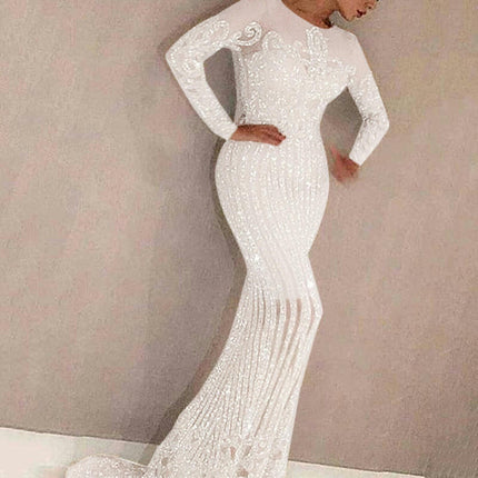 Women's Long Sleeve Sparkly Mermaid Maxi Dress Crew Neck Formal Cocktail Evening Long Dresses