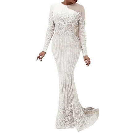 Women's Long Sleeve Sparkly Mermaid Maxi Dress Crew Neck Formal Cocktail Evening Long Dresses