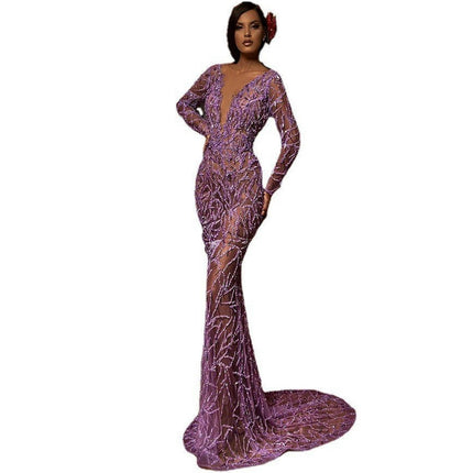 Women's Sequin V Neck Long Sleeves Formal Dress Backless Mermaid Evening Dresses