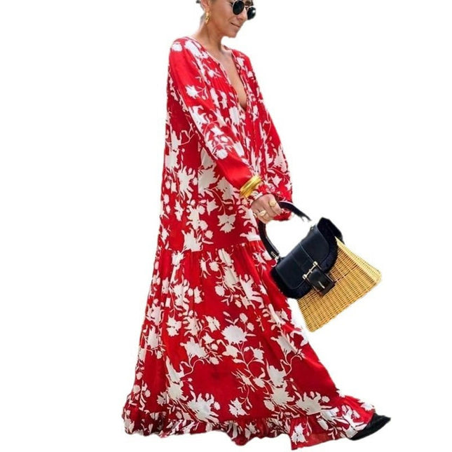 Women's Long Sleeve Floral Midi Dress Boho Casual V Neck Loose Flowy Long Dresses