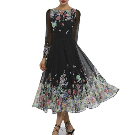 Women's Maxi Dresses Long Sleeve Casual Floral Crew Neck Flowy Long Dress