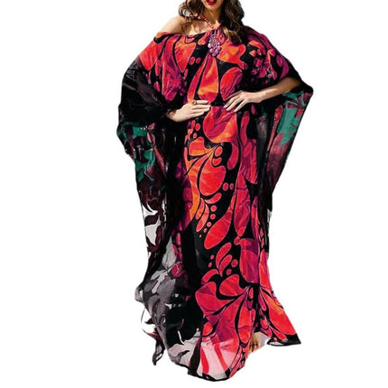 Women Summer One Shoulder Print Kaftan Dresses Bathing Split Beach Cover Up